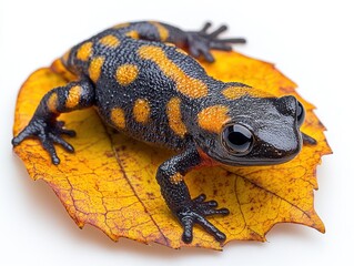 Obraz premium A salamander crawling slowly across a leaf, isolated on white background 
