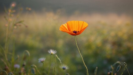 Naklejka premium Vibrant orange poppy in meadow at golden hour