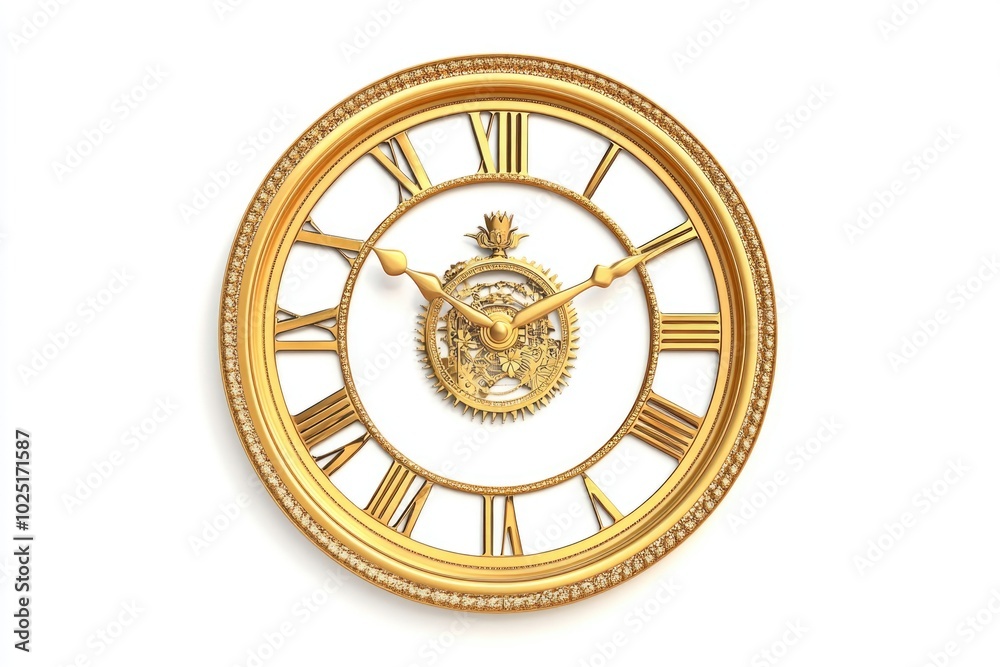 Poster a beautiful gold clock with roman numeral markings on its face, perfect for use in designs related t