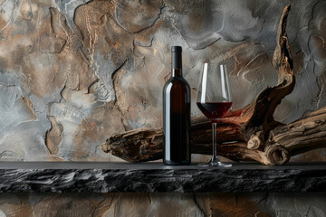 Naklejka premium A bottle of wine and a wine glass are on a shelf next to a log