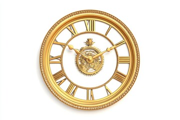 A beautiful gold clock with Roman numeral markings on its face, perfect for use in designs related to luxury, time, or elegance