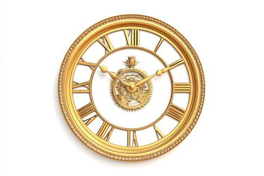 A beautiful gold clock with Roman numeral markings on its face, perfect for use in designs related to luxury, time, or elegance