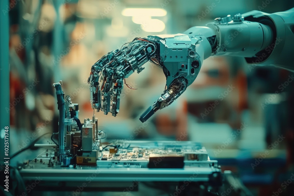 Poster A robot's hand is in contact with a circuit board, highlighting the intersection of technology and mechanical engineering