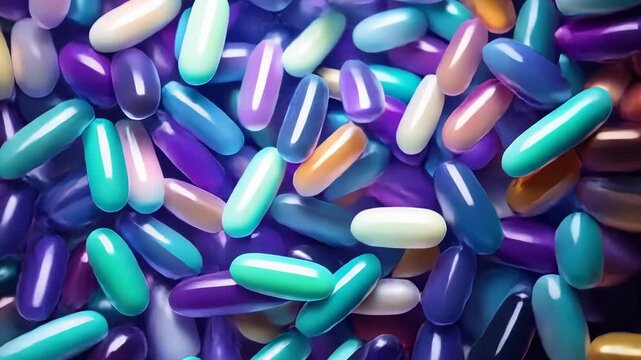 Background with pills and capsules in neon blue and purple colors. Medical drug or dietary supplement concept