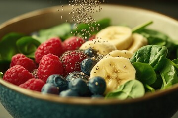 A colorful mix of fresh fruits and greens in a bowl
