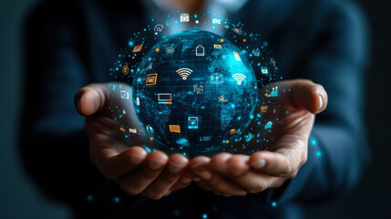 Digital transformation and global connectivity illustrated by a person holding a glowing globe with technology icons in a modern environment