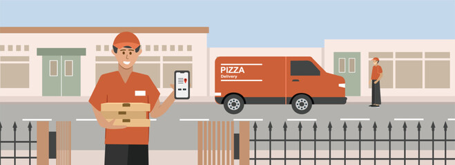 Man delivering pizza illustration. Pizza delivery. Food delivery services. Courier in front of home. Fast delivery.