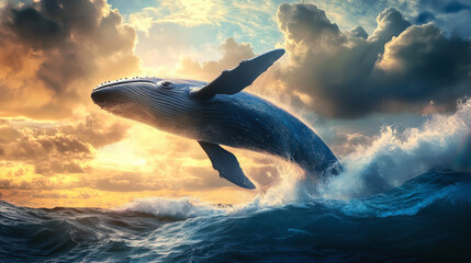 Fototapeta premium A humpback whale breaching the ocean surface against a vibrant sunset in a dramatic coastal scene