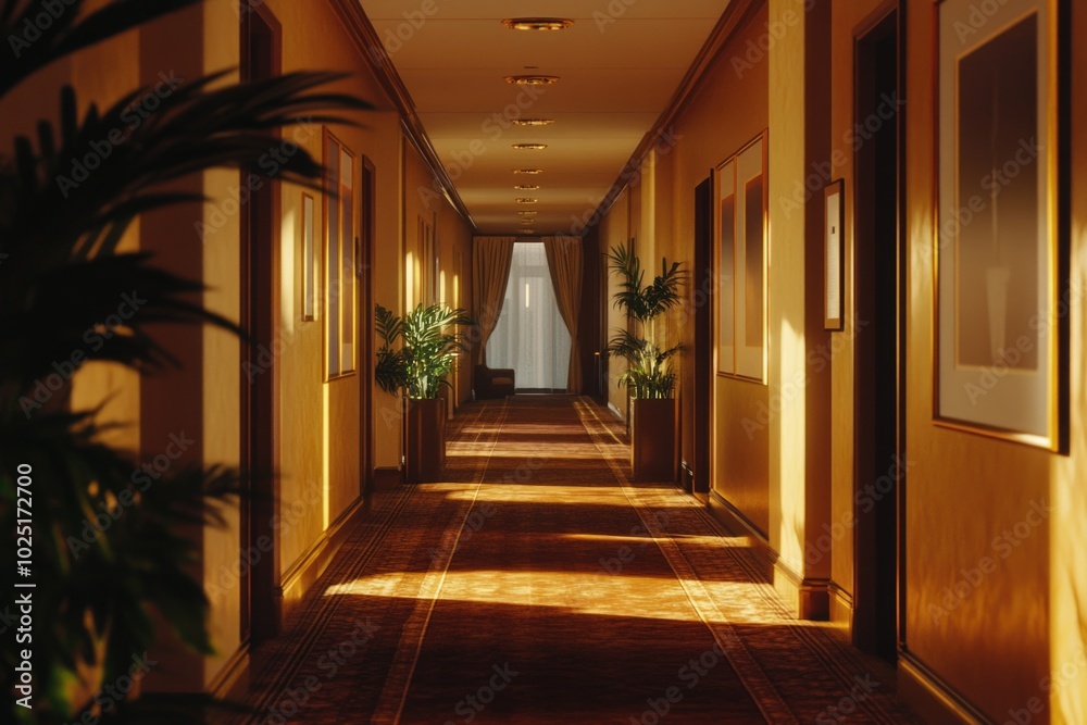 Poster a long hallway with a single potted plant in the middle, ideal for use in interior design or archite