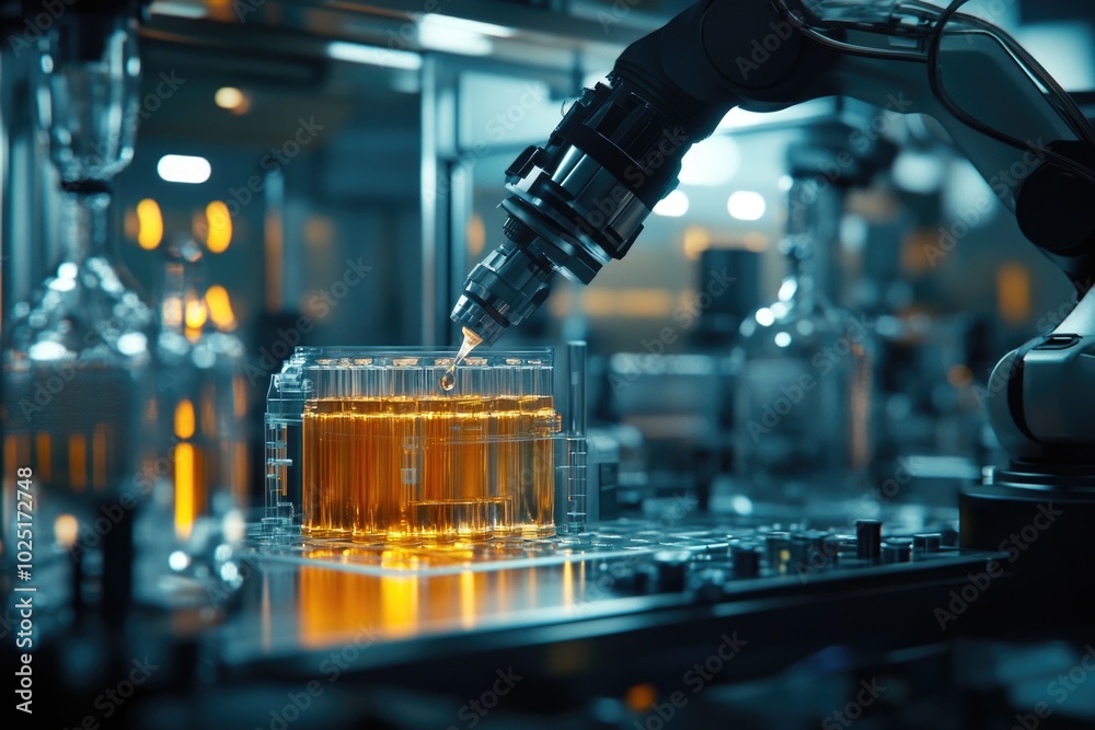 Poster a robotic arm holds a glass filled with liquid in a scientific or laboratory setting