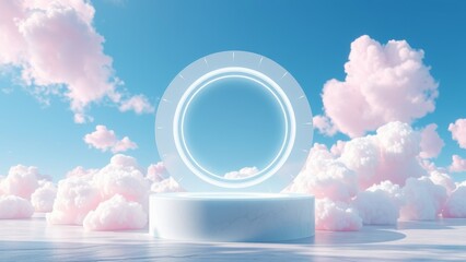 Product display platform. Podium against blue sky and white clouds.