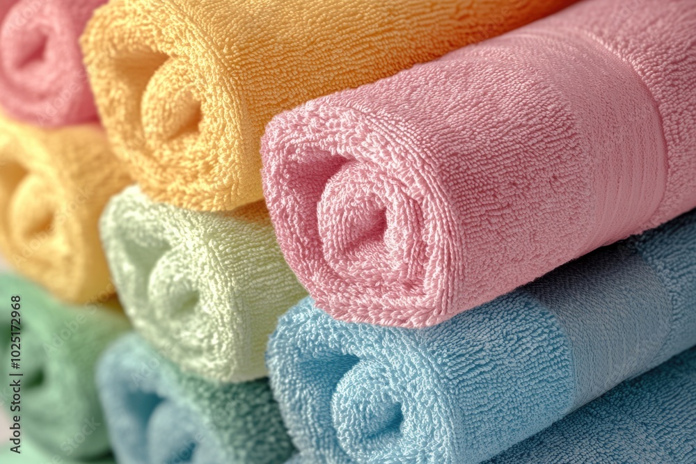 Poster A close-up view of a stack of towels on a shelf or table