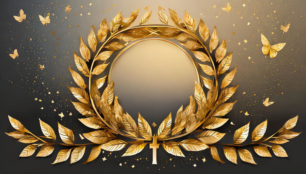 Golden laurel wreath with butterflies and sparkling effects; a symbol of victory and achievement against a dark background