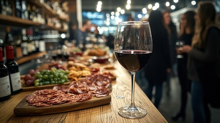 Close-up of a glass of red wine on a bar table with blurred people and charcuterie board in the background at a cozy wine tasting event, bookeh background