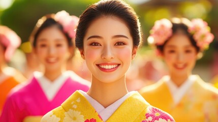 Young Japanese Adults in Traditional Kimonos Celebrating Coming of Age Ceremony in Temple Garden