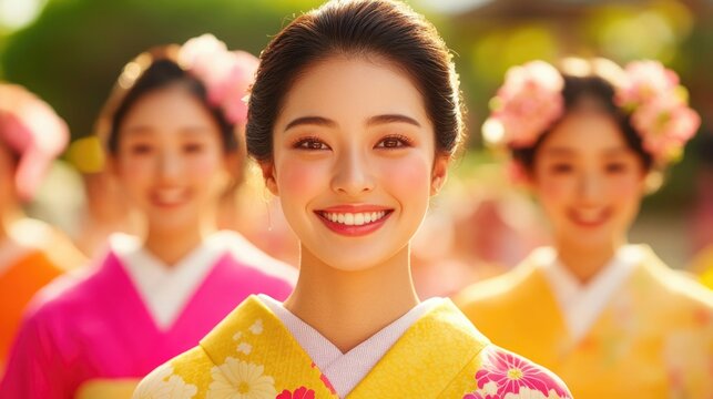 Young Japanese Adults in Traditional Kimonos Celebrating Coming of Age Ceremony in Temple Garden