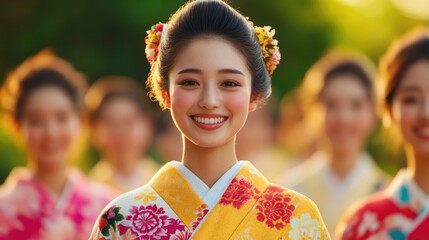 Young Japanese Adults in Traditional Kimonos Celebrating Coming of Age Ceremony in Temple Garden