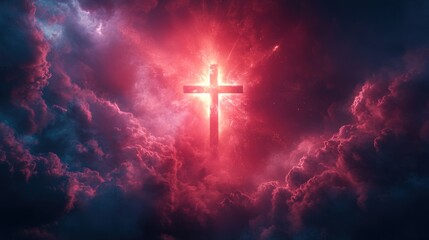 Fototapeta premium Illuminated cross glowing red in cloudy sky, dramatic spiritual scene, intense faith symbol, divine atmosphere, mystical aura, night clouds, eerie light