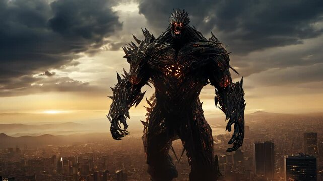 Giant monster over the destroyed city. Mythical giant kaiju attack