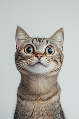 Obraz premium Front-view portrait of a surprised cat, isolated on a white background.