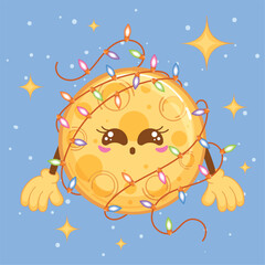 Moon wrapped in colorful holiday lights under stars, vector illustration