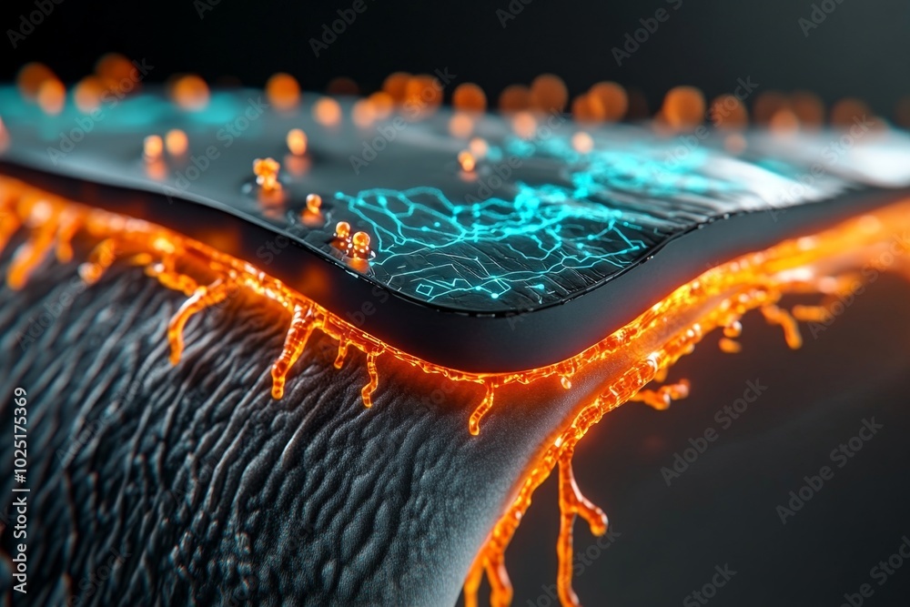 Poster Hyper-detailed close-up of a biosensor patch on a patientâ€™s skin, showing the intricate design of the wearable technology and how it interacts with the body