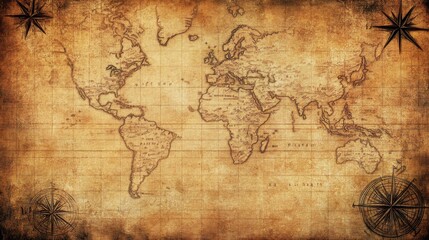 Fototapeta premium Antique world map on aged parchment with compass rose and nautical elements. 