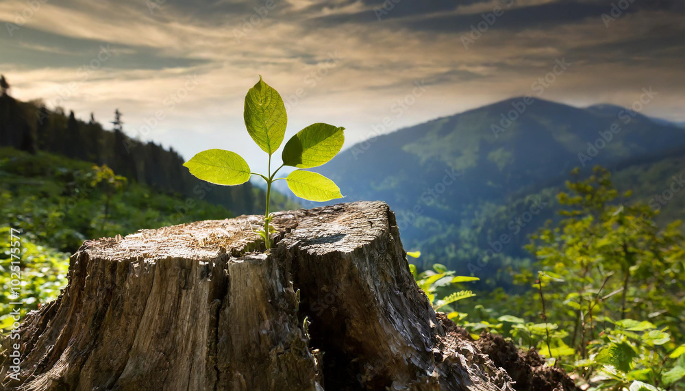 Wall mural a small green plant emerges from a weathered tree stump amidst a lush mountainous landscape at sunse