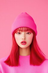 Naklejka premium Asian Woman with Red Hair and Pink Beanie Matching Her Outfit, Influencer Style