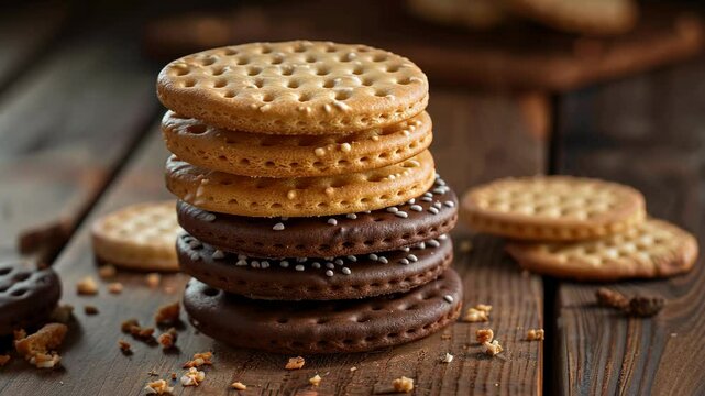 A stack of chocolate and plain cookies sits on a wooden table