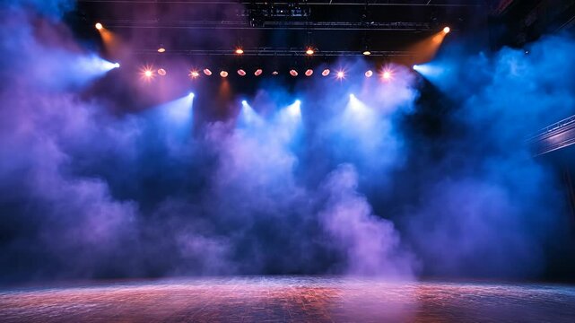 A stage is lit with blue and purple lights and filled with smoke