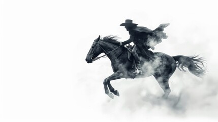 Fototapeta premium Mysterious Headless Horseman Galloping Through Fog in Dramatic Black and White Fantasy Scene