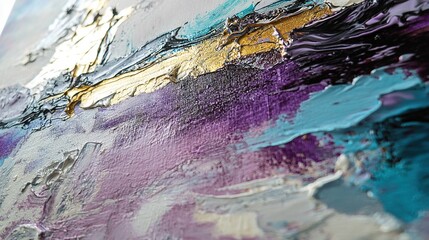   A close-up of an abstract painting with vibrant shades of blue, purple, yellow, and green set against a crisp white backdrop