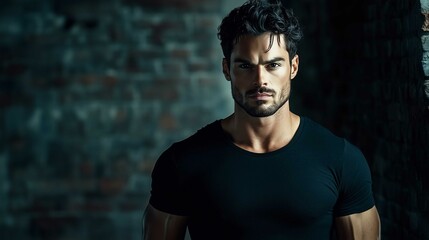 A mockup of a man in a black T-shirt in gothic look
