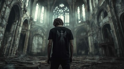 Naklejka premium A mockup of a man in a black T-shirt in gothic look 