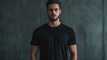 A mockup of a man in a black T-shirt in gothic look
