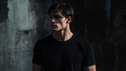 A mockup of a man in a black T-shirt in gothic look
