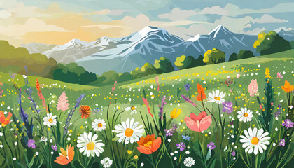 Colorful wildflower meadow with mountains in the background during a bright sunny day