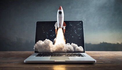 A rocket launches from a laptop, symbolizing innovation and technology in a creative workspace at dusk