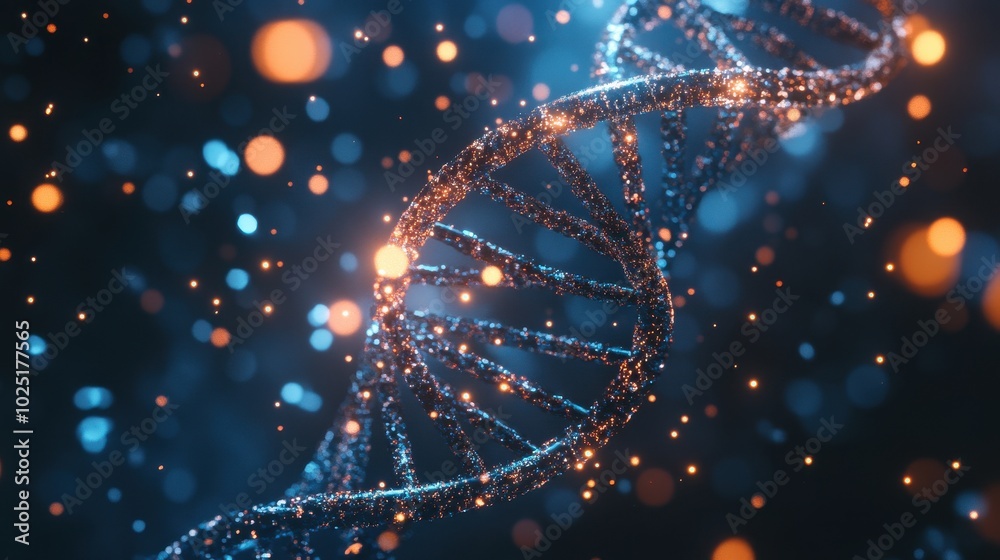 Poster 3d render of a double helix dna structure on a dark blue background with bokeh lights.