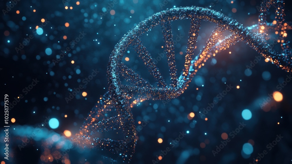 Poster 3d render of a double helix dna structure on a dark blue background with bokeh lights.