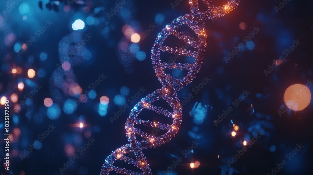 Poster 3d render of a double helix dna structure on a dark blue background with bokeh lights.