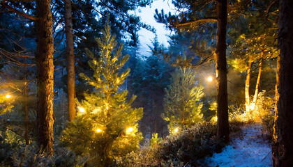 Magical winter forest illuminated by warm lights among snow-covered trees at dusk