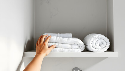 Person placing white towels on bathroom shelf isolated with white highlights, png