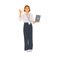 Young woman is showing a gesture Okay holding laptop. Flat vector illustration isolated on white background