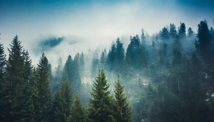 Misty morning in a serene forest showcasing dense coniferous trees under a cloudy sky at dawn