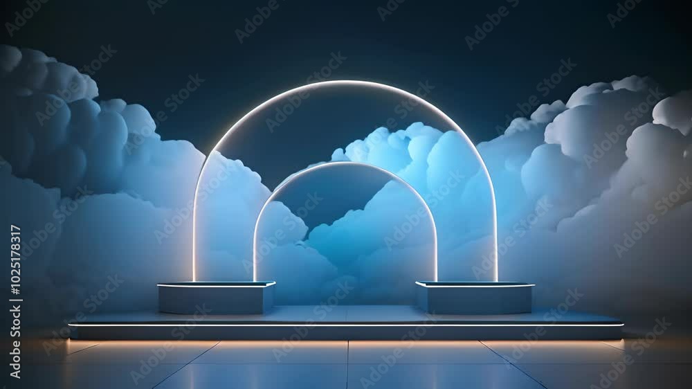 Poster neon arch in dark blue lights room with clouds. abstract background for party stage or product displ