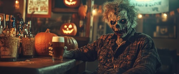 A photograph depicting an unsightly zombie-like figure sitting at a bar, holding a beer in their hand. In the background, pumpkins and Halloween decorations can be seen