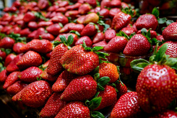 Close up of fresh strawberries at a street market