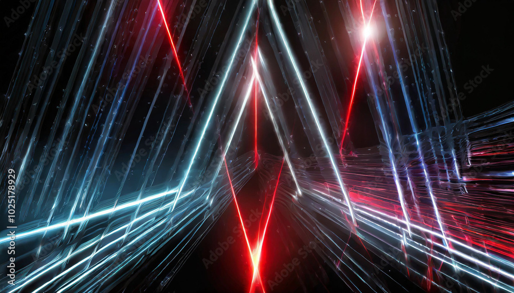 Poster a vibrant display of red and blue light beams creating an abstract pattern against a dark background
